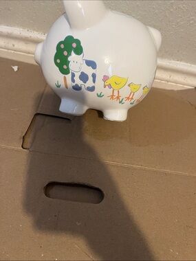 White Ceramic Piggy Bank with Farm Animal Design